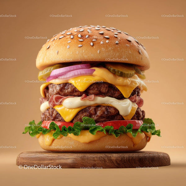 Stacked Double Cheeseburger with Lettuce Tomato and Pickles
