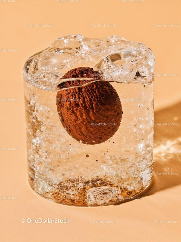 Rustic nut preserved inside a clear ice cube