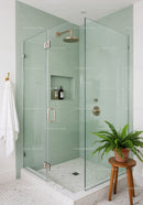 Modern Glass Shower with Green Tiles and Wooden Stool