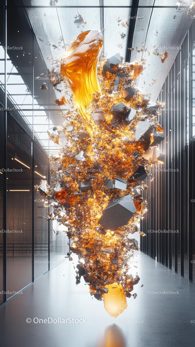 Futurystyczna abstrakcyjna rzeźba szklana w nowoczesnym wnętrzu architektonicznym