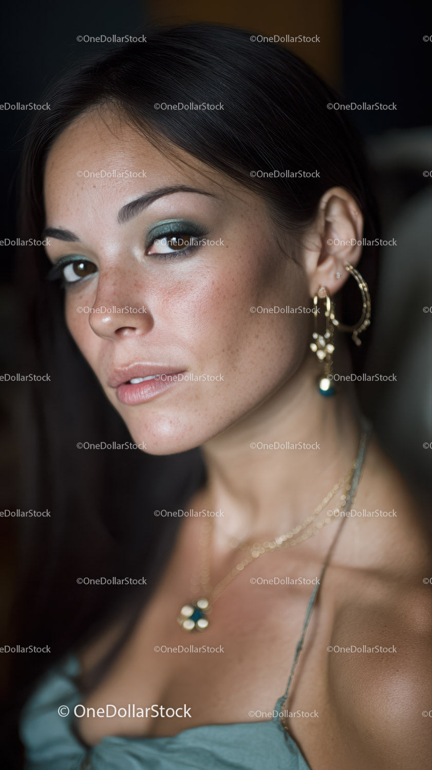 Elegant Woman with Green Eyeshadow and Gold Jewelry Portrait