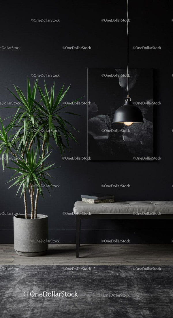 Modern Indoor Plant with Black Pendant Lamp in Stylish Contemporary Interior