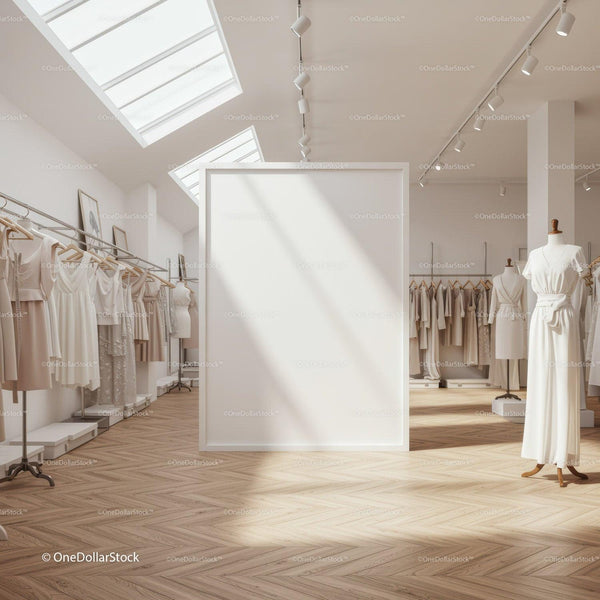 Minimalist bridal boutique with elegant wedding dresses JPG Mockup Image