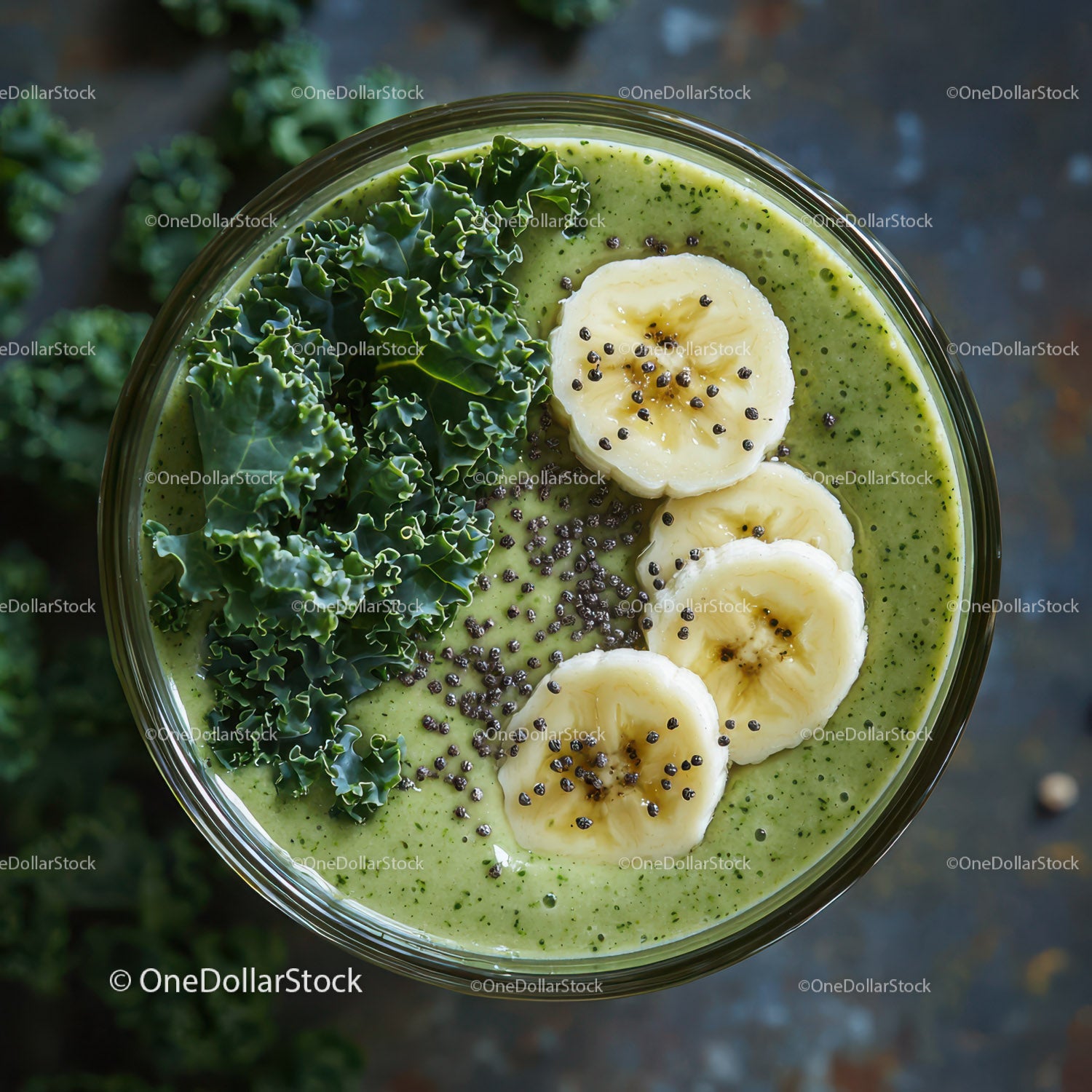 Green Kale and Banana Smoothie with Chia Seeds in a Glass