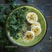 Green Kale and Banana Smoothie with Chia Seeds in a Glass