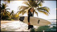 Surfer woman walking into ocean with surfboard