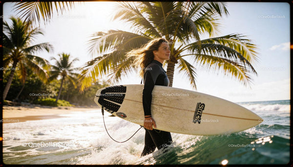 Surfer woman walking into ocean with surfboard
