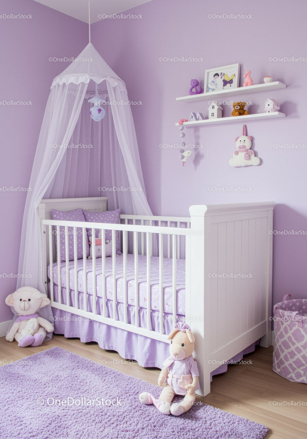Cute Pink and Purple Nursery with Baby Crib and Plush Toys