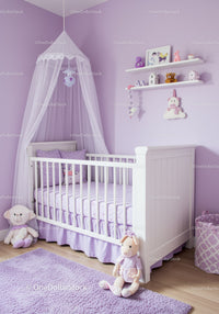 Cute Pink and Purple Nursery with Baby Crib and Plush Toys