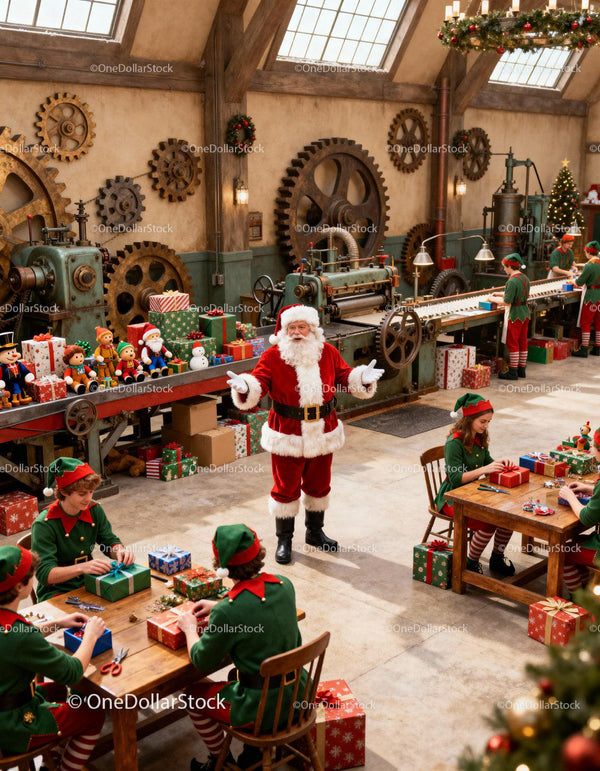 Santa Claus Overseeing Elves Wrapping Gifts in Workshop