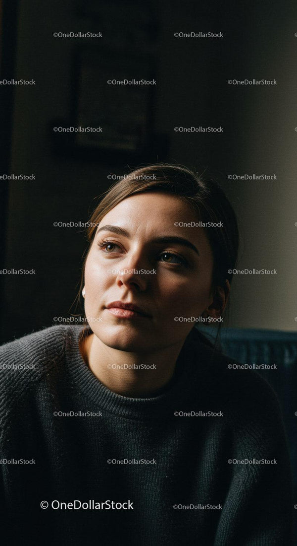 Portret młodej kobiety w codziennym ubraniu z zamyślonym wyrazem twarzy