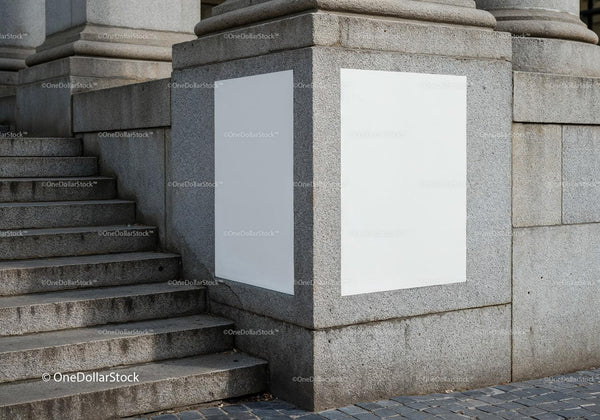 Blank White Posters on Stone Building Corner by Stairs JPG Mockup Image