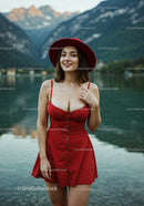 Elegant Woman in Red Dress Smiling by Lake Outdoors