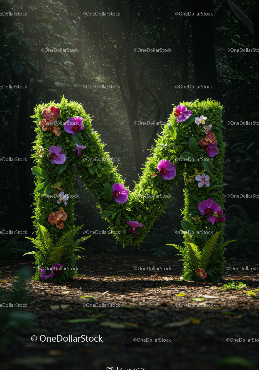Green Floral Letter M with Orchids in Forest