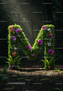 Green Floral Letter M with Orchids in Forest