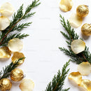 Greenery and Gold Rose Petals Frame on White Background