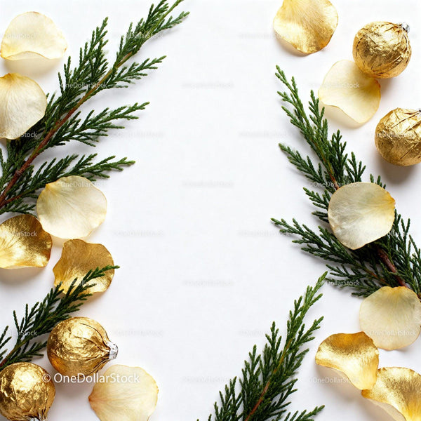 Greenery and Gold Rose Petals Frame on White Background