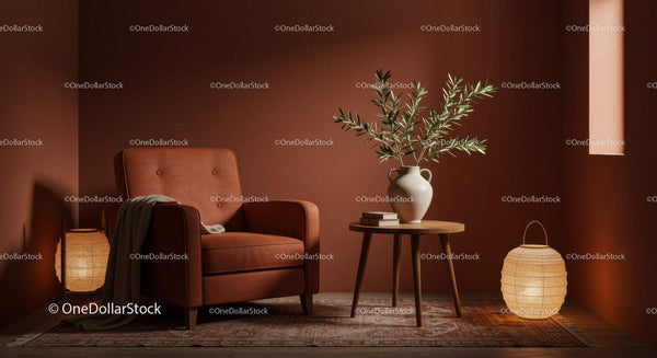 Cozy corner with leather armchair and warm lighting