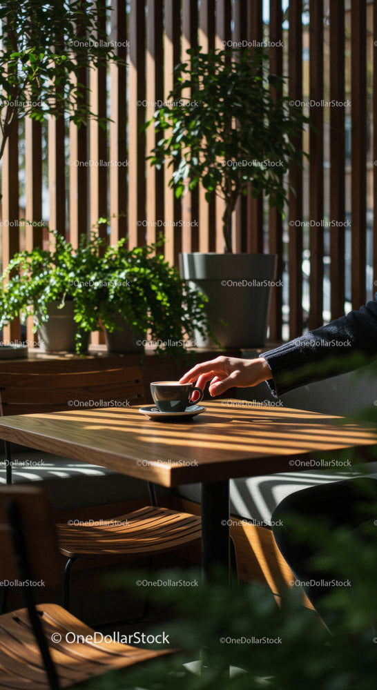 Hand Holding Coffee Cup in a Cozy Cafe Surrounded by Plants