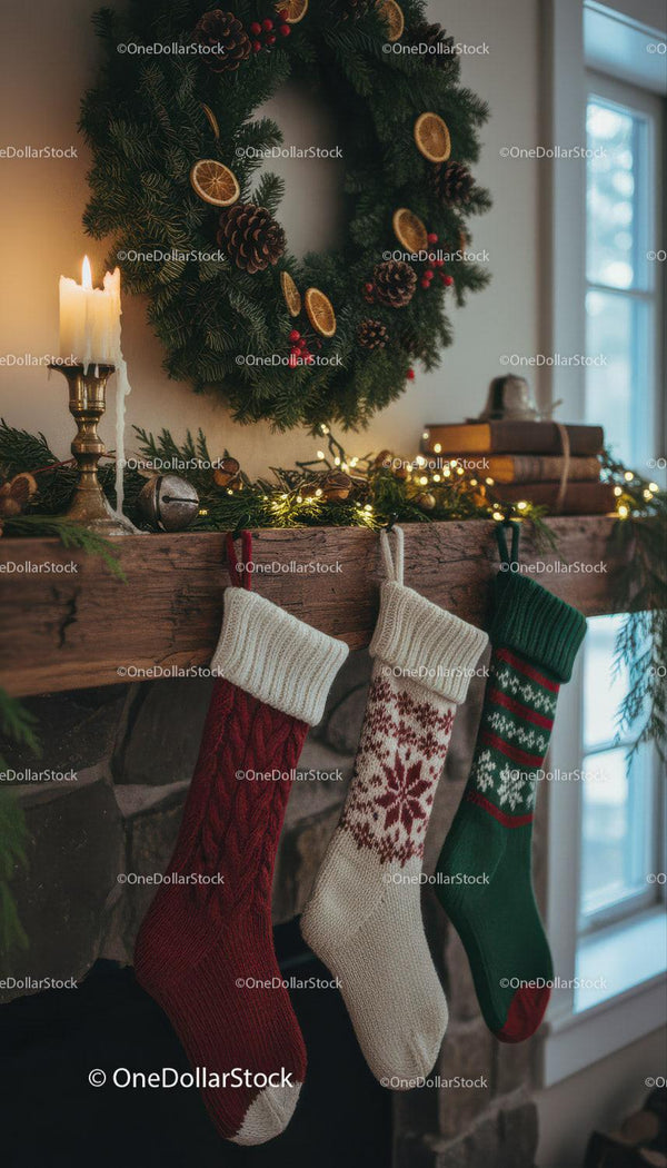 Cozy Christmas Stockings Hanging on Rustic Mantel