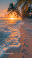 Tropical Sunset Beach with Palm Trees and Footprints