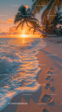 Tropical Sunset Beach with Palm Trees and Footprints