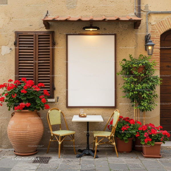Cozy outdoor cafe table with vibrant red flowers JPG Mockup Image