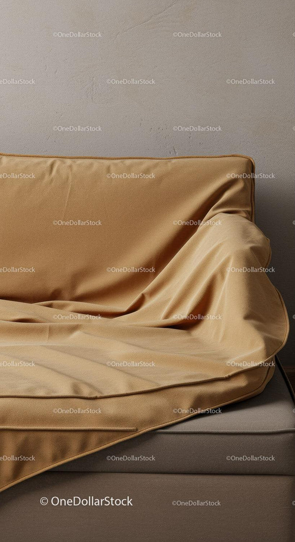 Beżowa tapicerowana sofa z miękkimi poduszkami w nowoczesnym wnętrzu