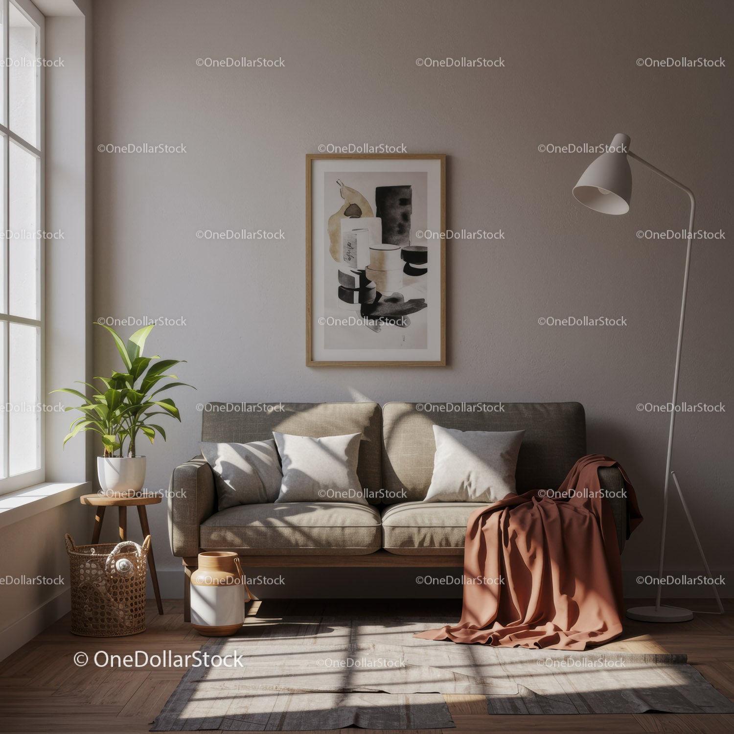 Nowoczesny, przytulny salon z beżową sofą i abstrakcyjną grafiką ścienną