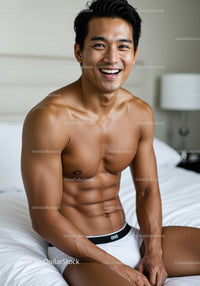 Smiling fit man relaxing on bed in casual underwear