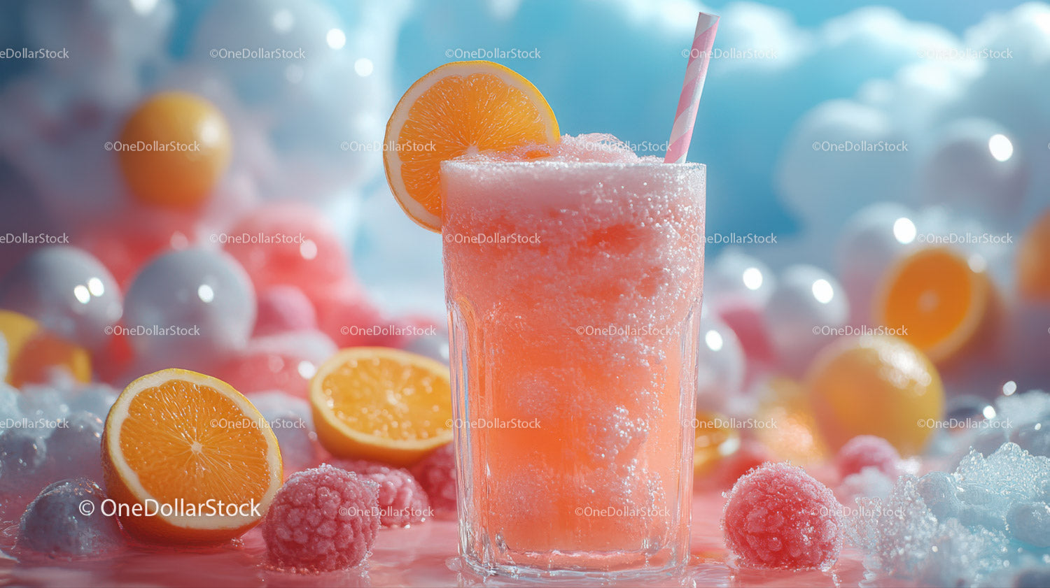 Vibrant Orange and Pink Fruit Drink with Ice and Strawberry Spheres