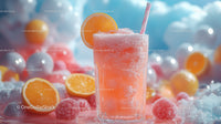 Vibrant Orange and Pink Fruit Drink with Ice and Strawberry Spheres