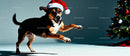 Playful dog wearing Santa hat near Christmas tree
