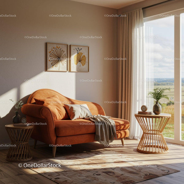 Cozy orange loveseat in sunlit modern living room