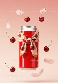 Red Soda Can with Cherry Patterned Scarf Floating Cherries