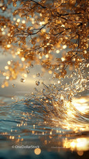 Golden Water Splash with Illuminated Tree Branches and Sunlit Reflections