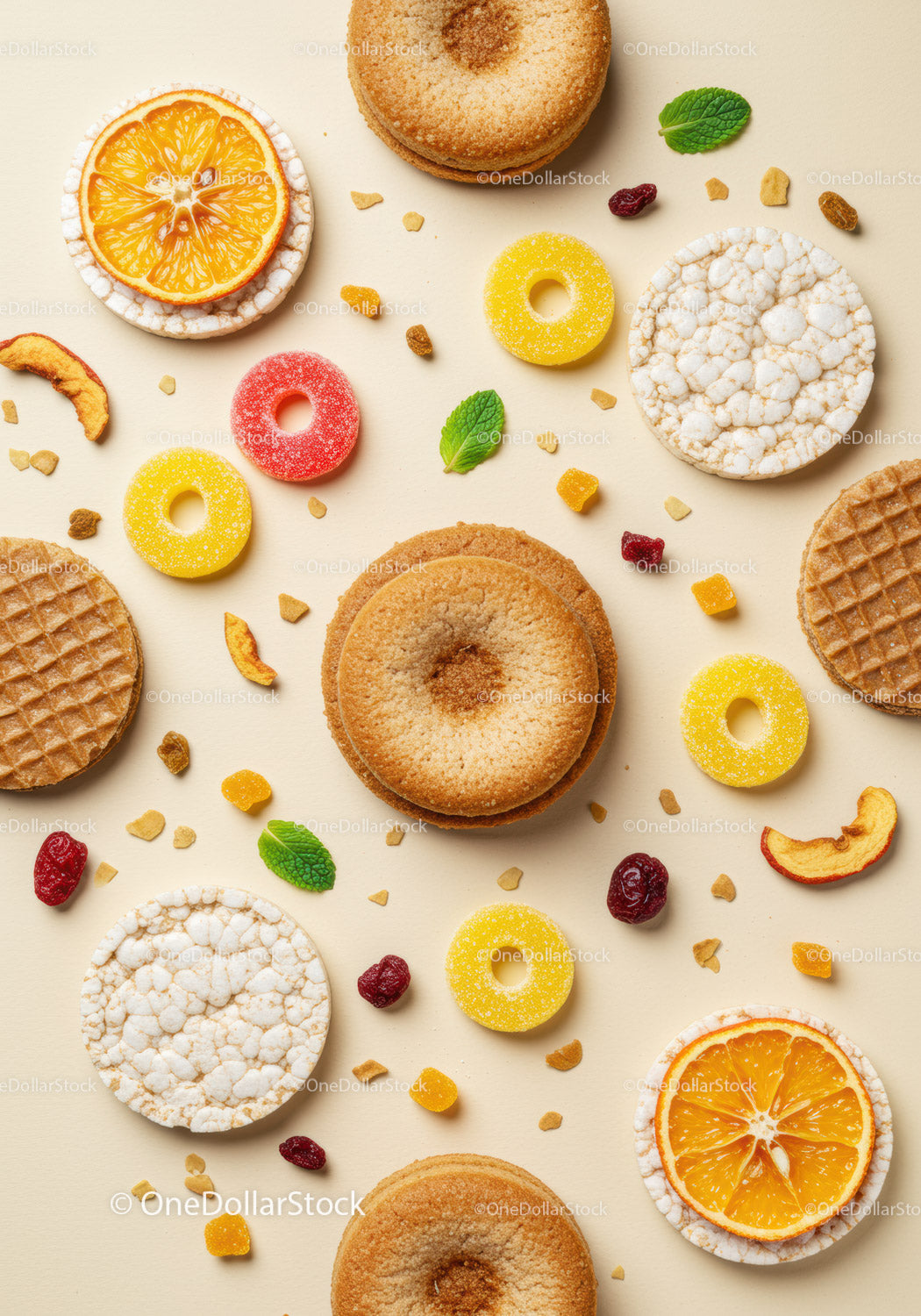 Colorful Assortment of Healthy Snacks with Citrus and Sweets