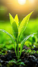 Fresh Green Seedling with Dew Drops in Natural Soil Landscape