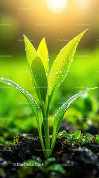 Fresh Green Seedling with Dew Drops in Natural Soil Landscape