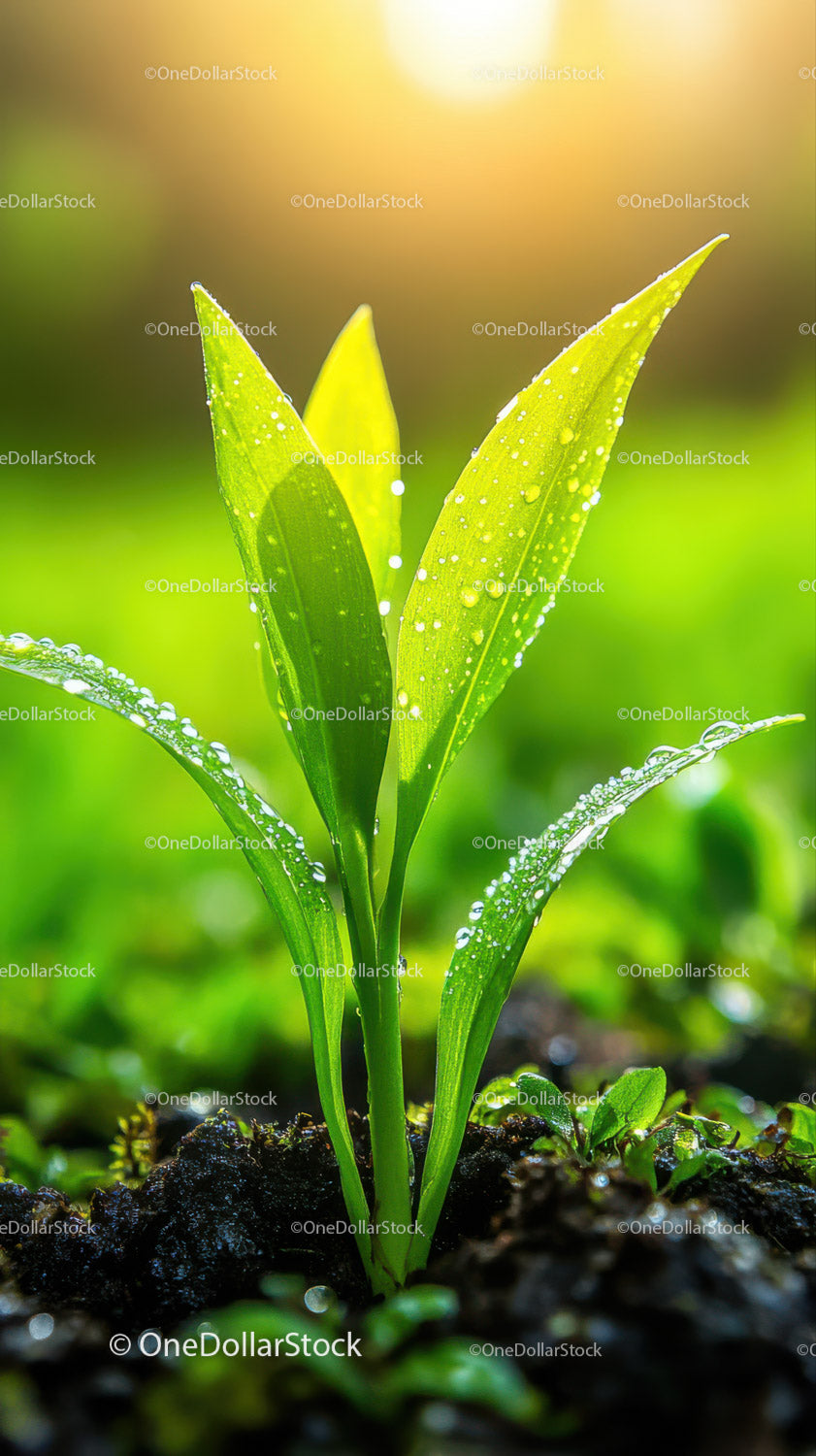 Fresh Green Seedling with Dew Drops in Natural Soil Landscape