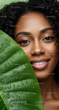 Close-up of a Smiling Black Woman with Afro Hair and Large Tropical Leaf