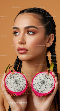 Elegant Young Woman with Braided Hair Holding Fresh Dragonfruit for Beauty and Lifestyle