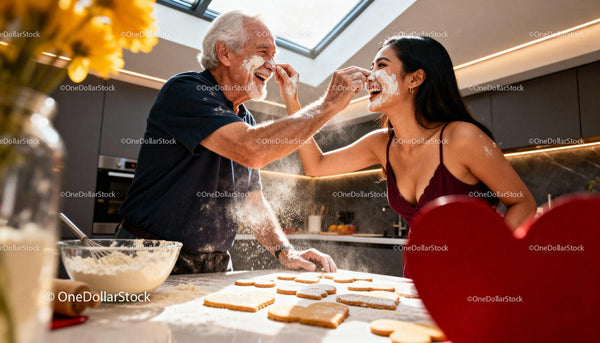 Joyful couple playfully baking heart cookies together