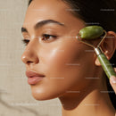 Woman Using Jade Roller for Glowing Skin and Facial Rejuvenation