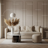 Cozy beige living room with modern decor and pampas grass