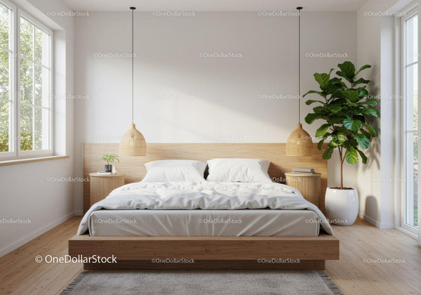 Minimalist bedroom with natural light and green plant