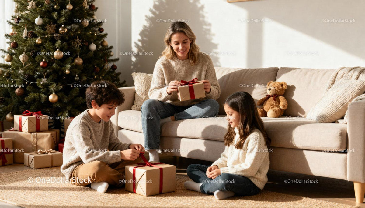 Family Unwrapping Christmas Gifts Together at Home