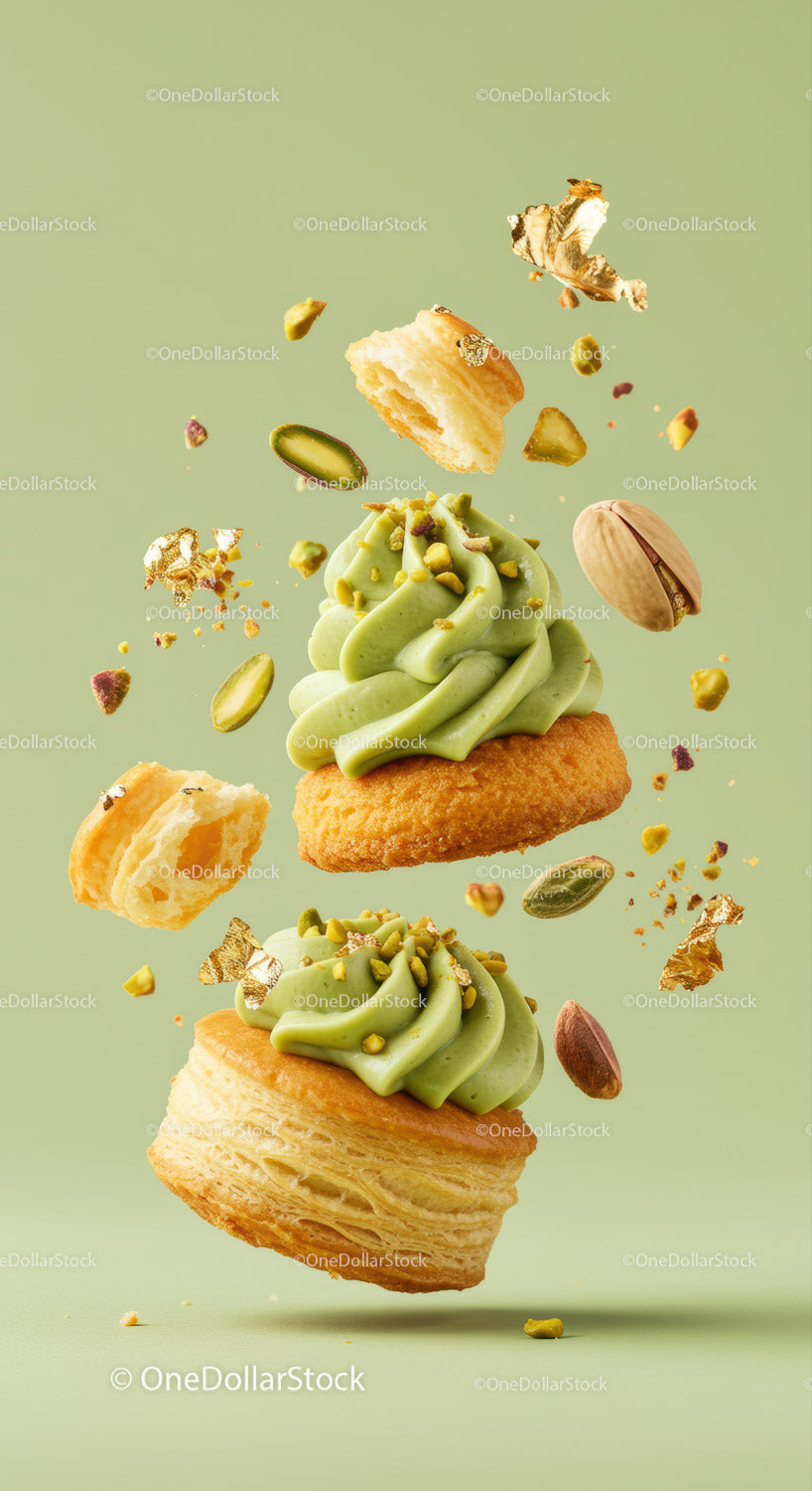 Pistachio Cream Puff Pastries with Crunchy Toppings