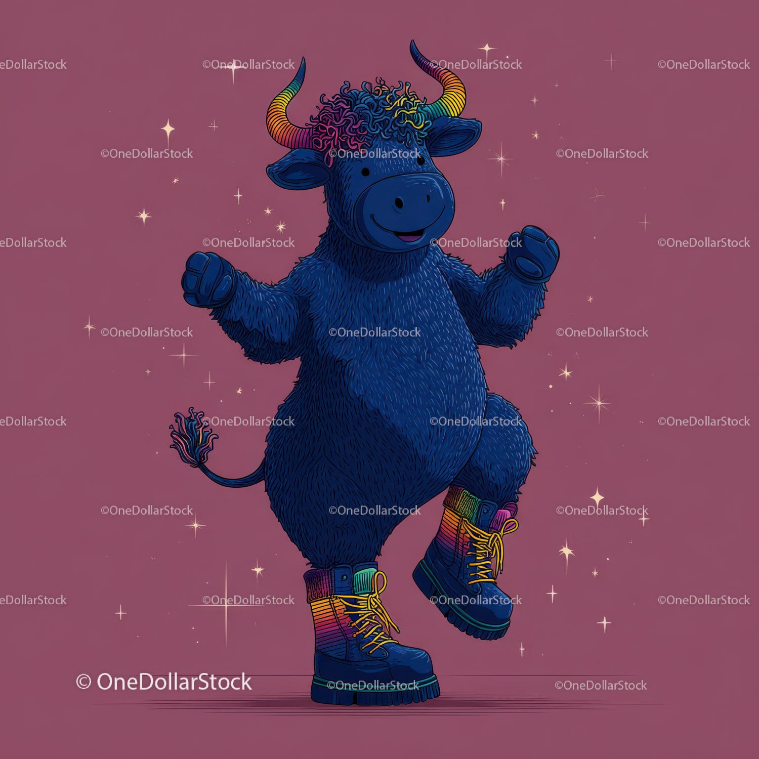 Colorful Furry Mascot with Rainbow Horns Wearing Boots and Smiling