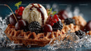 Berry Topped Waffle with Ice Cream and Chocolate Syrup